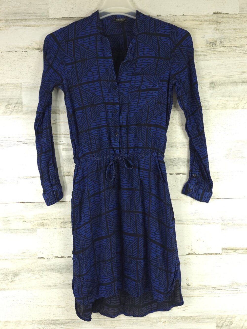 LUCKY BRAND Sz SMALL Blue Black Shirt Dress Long Sleeve Adjustable Elastic Waist